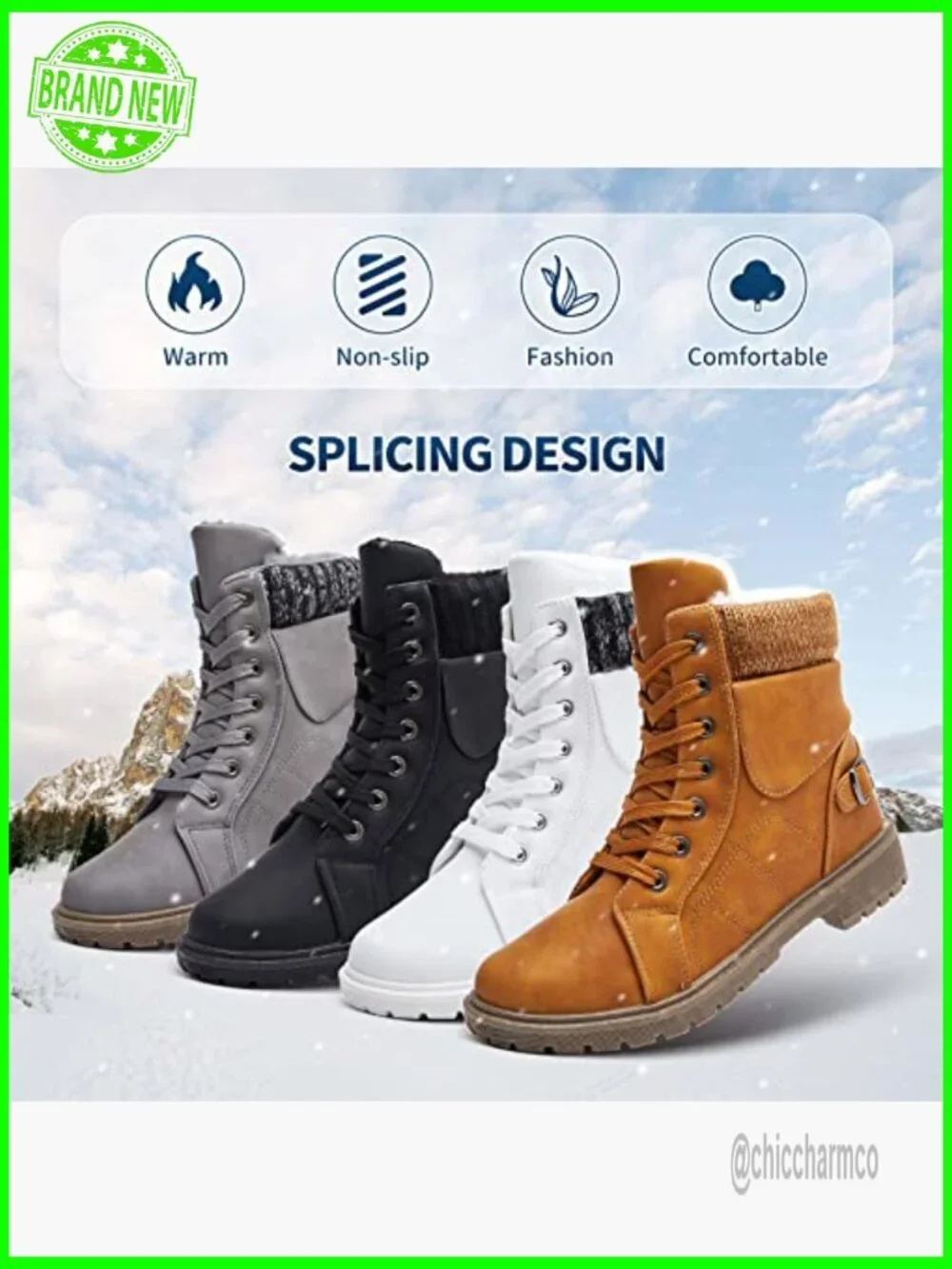 Lace Up Combat Boot Winter Snow Boots Warm Fur Lined Ankle Booties Waterproof